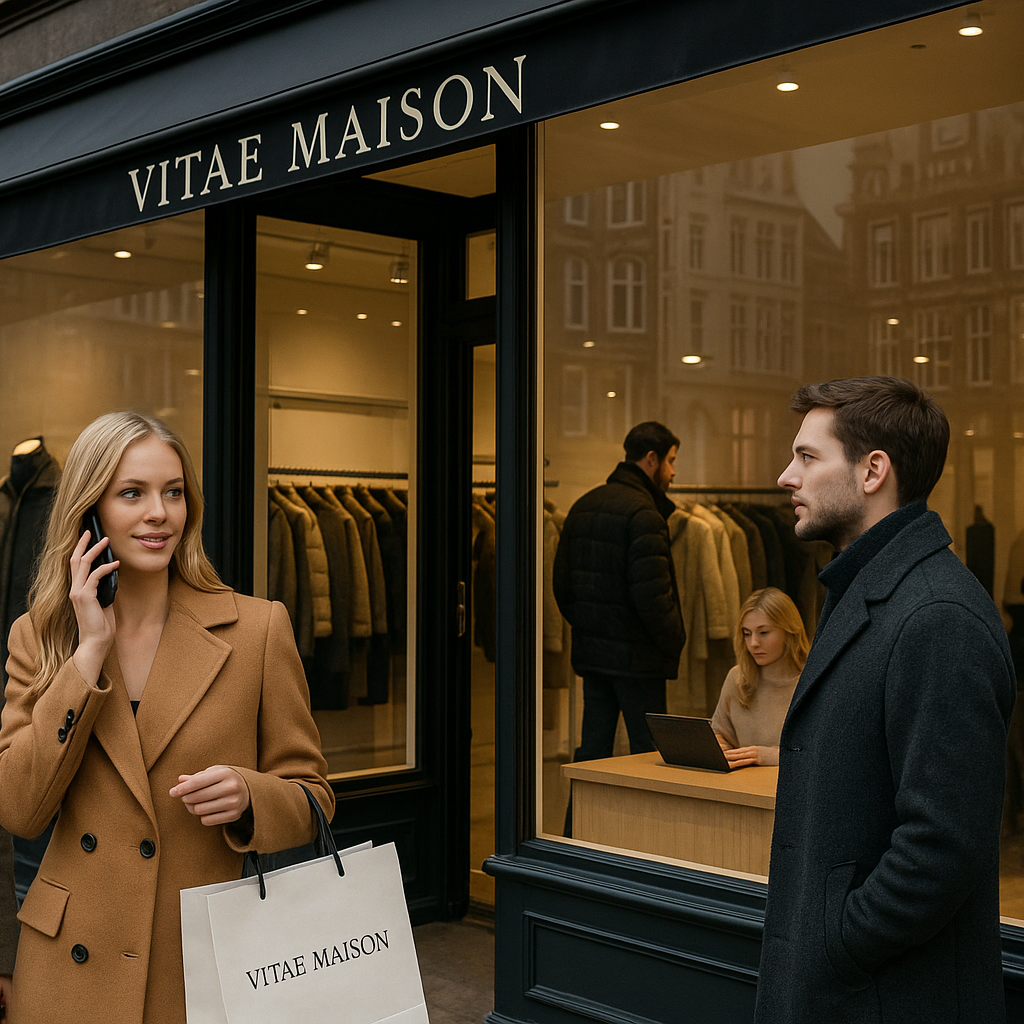 2 vrouwen buiten de winkel 1 man buiten de winkel 1 man binnen aan het shoppen  1 vrouw binnen aan het afrekenen en de vrouwen buiten we winkel moeten niet naar de camera toe kijken en 1 vrouw moet bellen en een tas van vitae maison vast hebben dat ze iets heeft gekocht