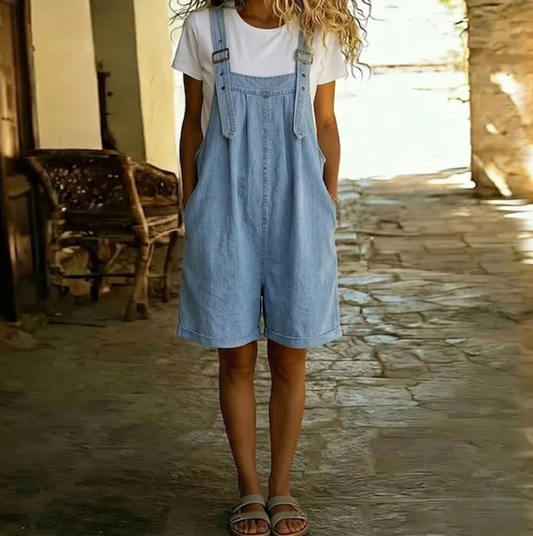 Clara | Vintage Washed Soft Cotton Feel Denim Short Overall Jasnoniebieski