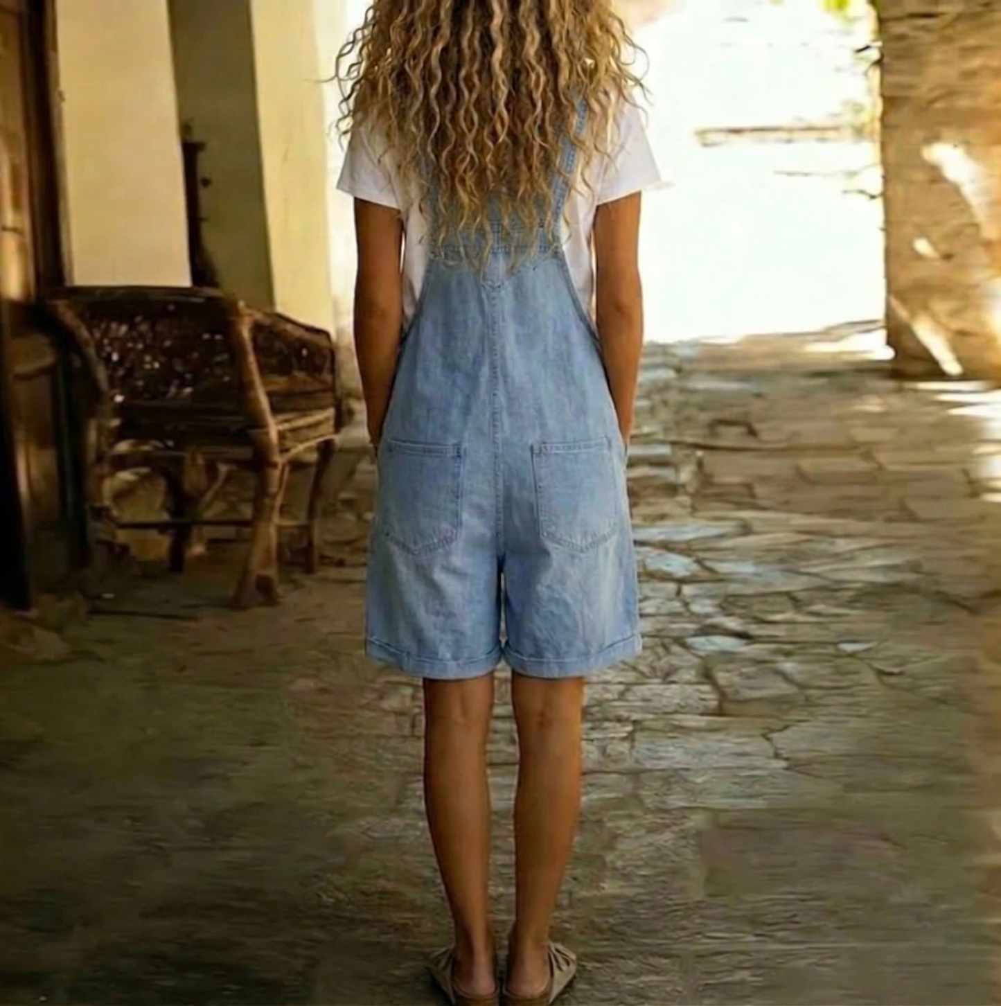 Clara | Vintage Washed Soft Cotton Feel Denim Short Overall Jasnoniebieski