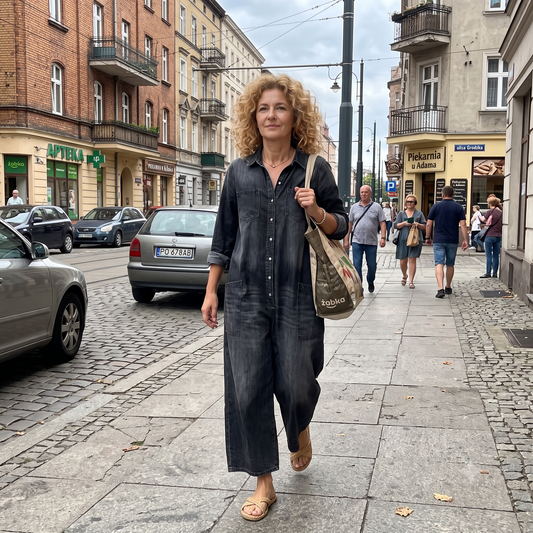 Diana | Vintage Washed Soft Cotton Denim Jumpsu z zapięciem na guziki