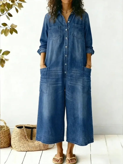 Diana | Vintage Washed Soft Cotton Denim Jumpsu z zapięciem na guziki
