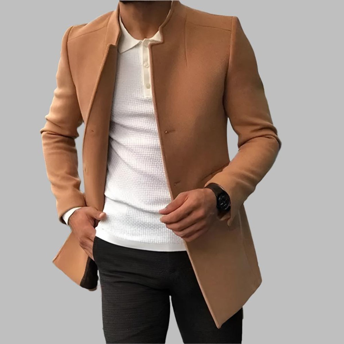 Matthias | Męski Elegancki Płaszcz Wełniany Slim-Fit z Stojącym Kołnierzem