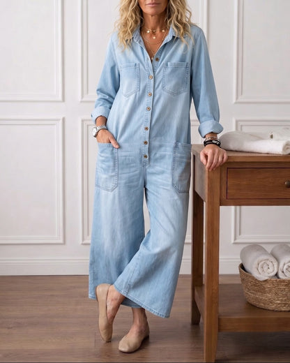Diana | Vintage Washed Soft Cotton Denim Jumpsu z zapięciem na guziki