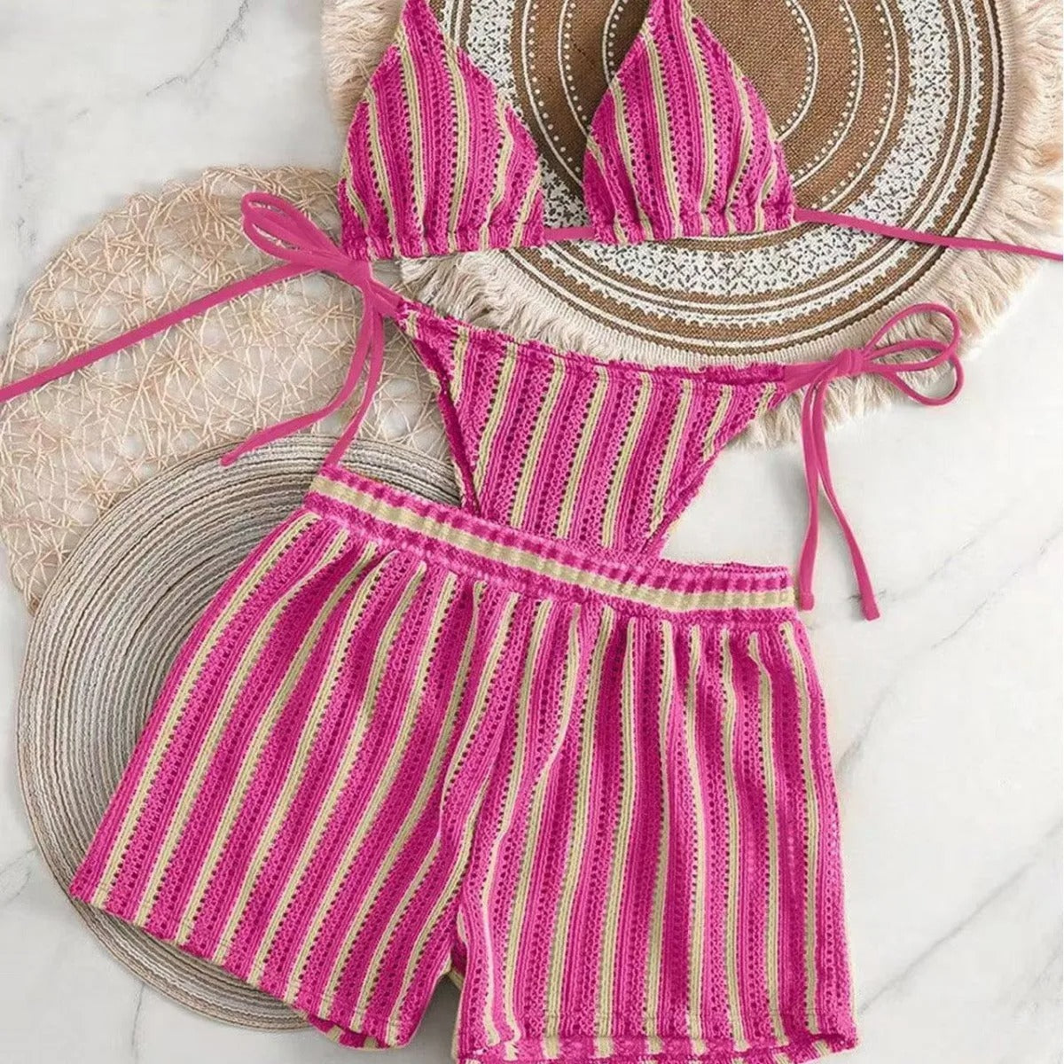 Karmen | Trzyczęściowy Komplet Bikini z Siateczkowymi Szortami