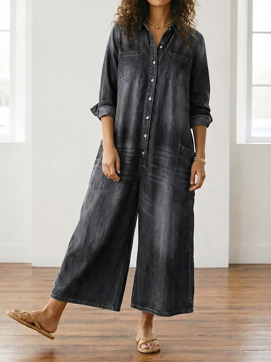 Diana | Vintage Washed Soft Cotton Denim Jumpsu z zapięciem na guziki