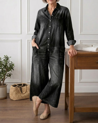 Diana | Vintage Washed Soft Cotton Denim Jumpsu z zapięciem na guziki